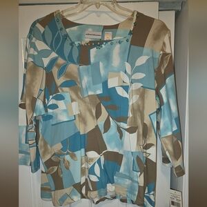 Alfred Dunner Women's Blue/Brown Leaf Print Top, Size XL, "Grand Canyon", NWT